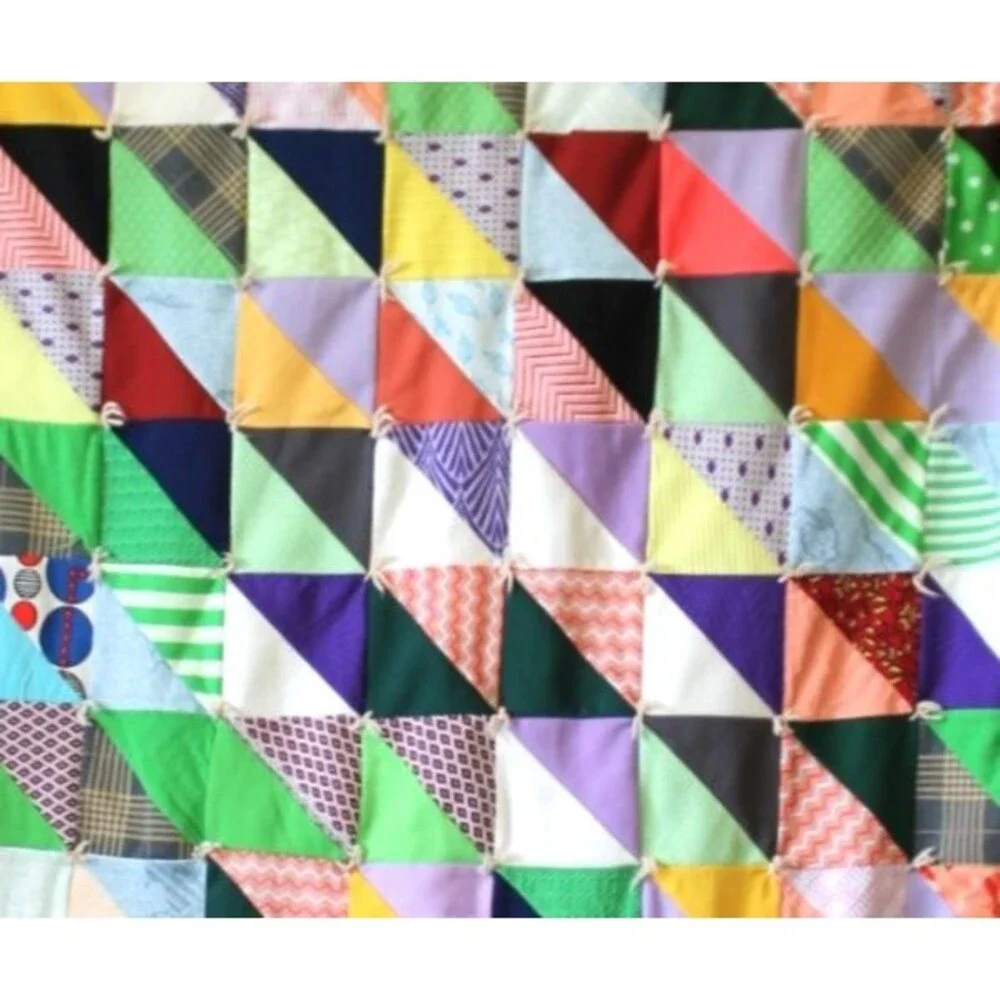 Vintage Handmade Granny Square/Triangle Quilt-Hand Tied, Machine Sewn 97